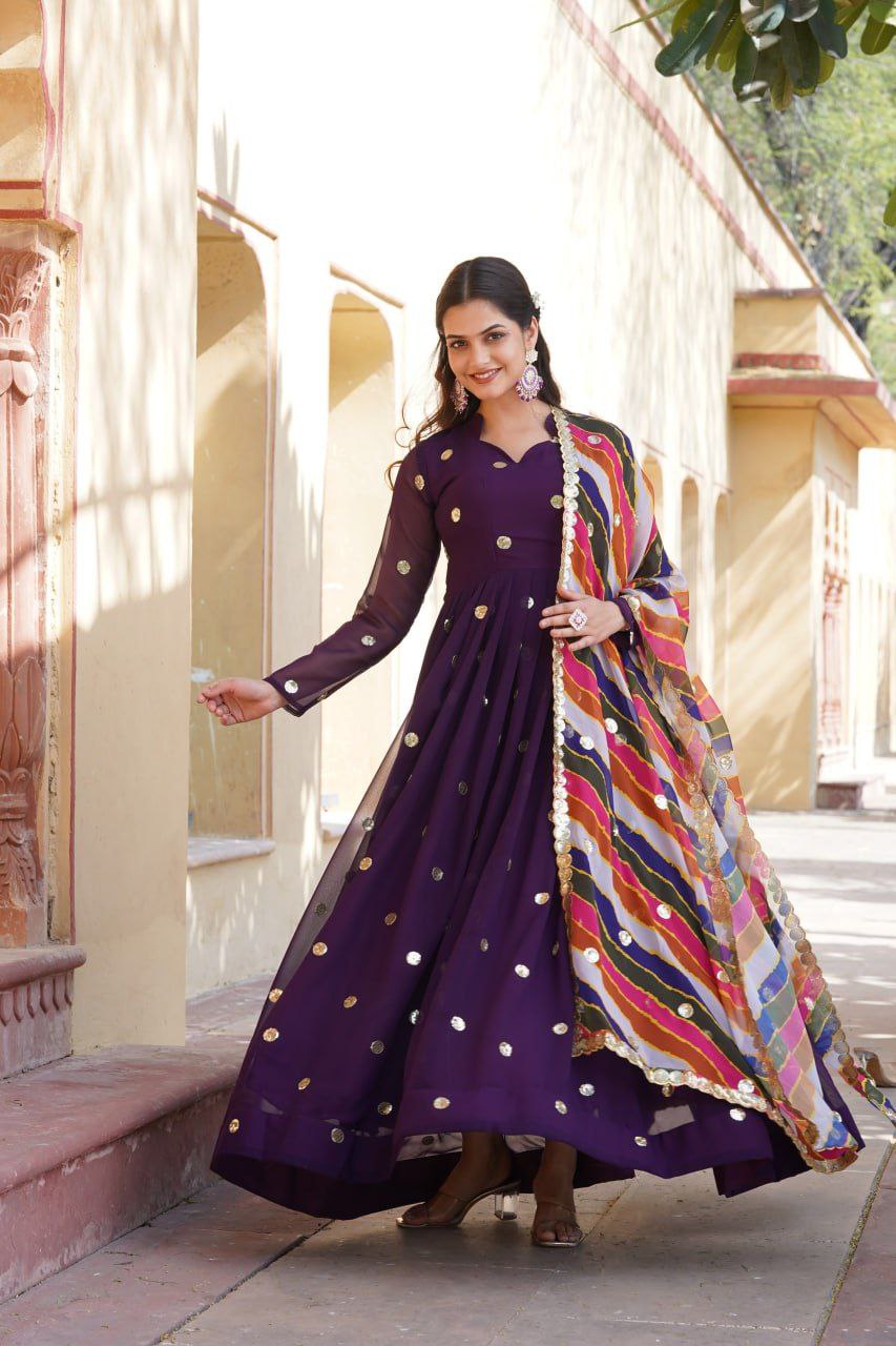Dhumavati purple georgette anarkali gown suit set