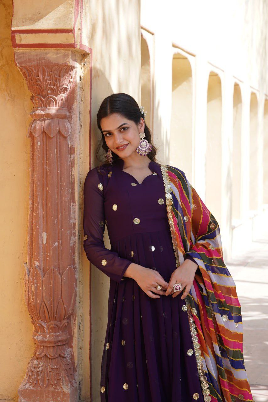 Dhumavati purple georgette anarkali gown suit set