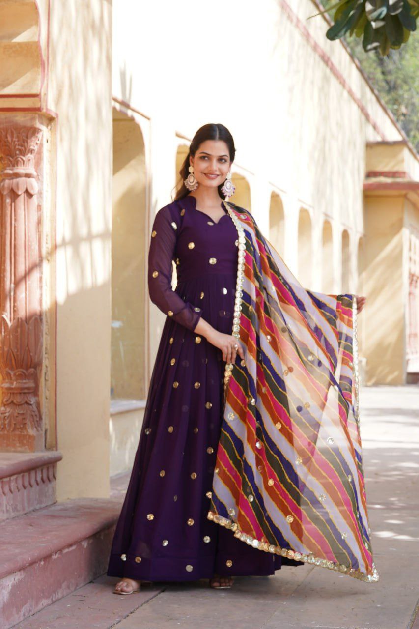 Dhumavati purple georgette anarkali gown suit set
