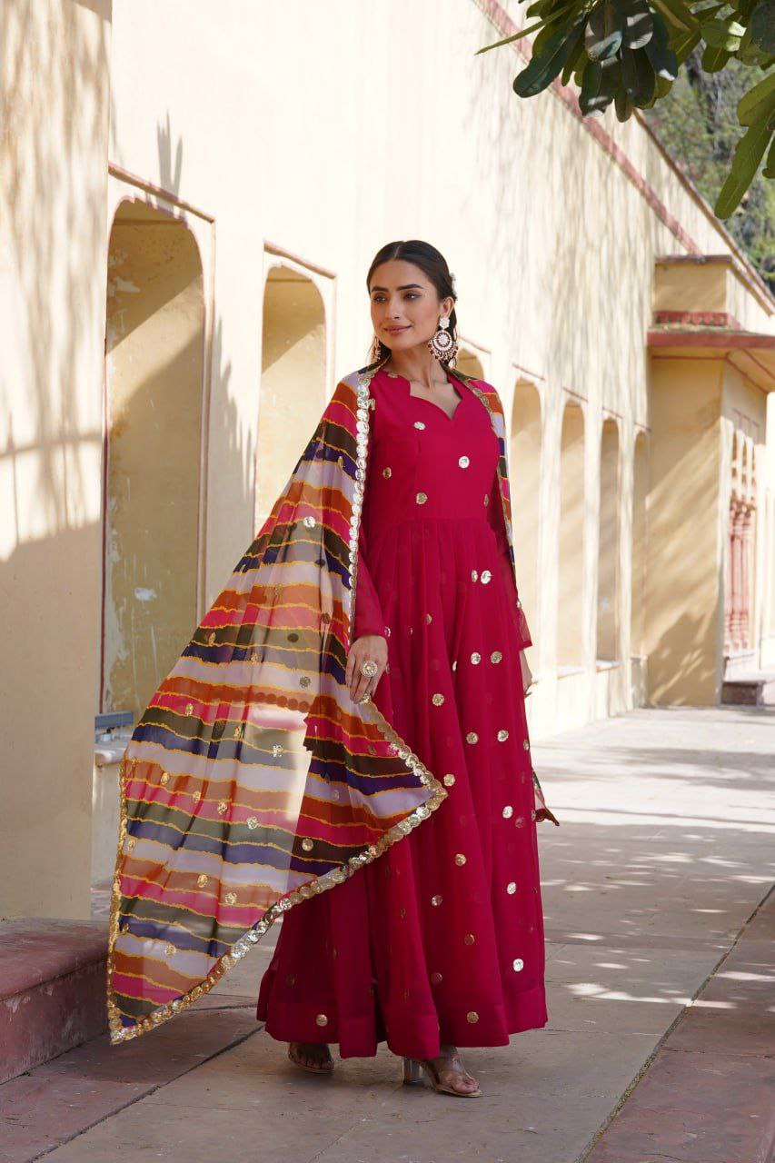 Dhumavati red georgette anarkali gown suit set