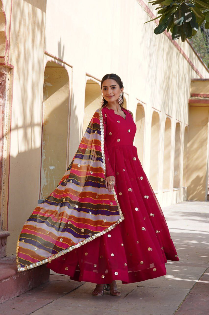 Dhumavati red georgette anarkali gown suit set