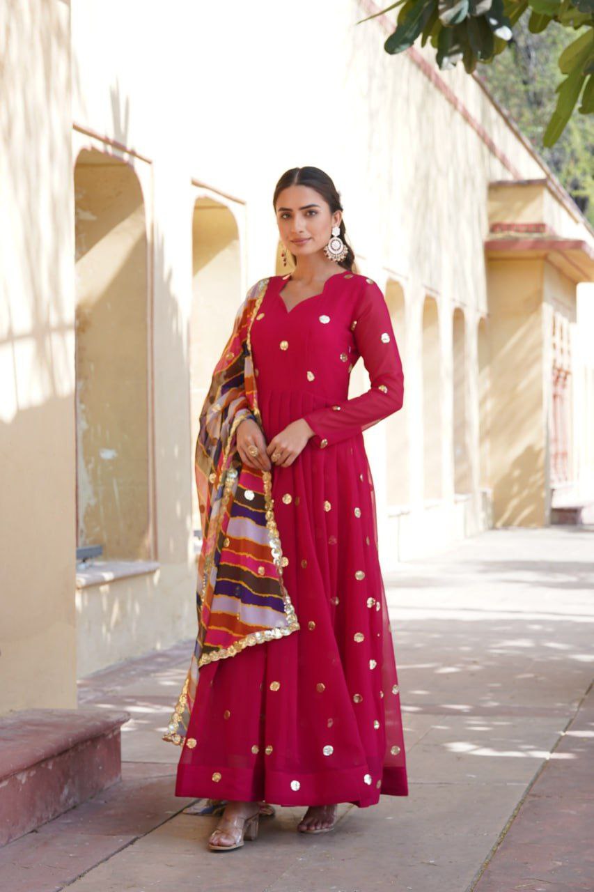 Dhumavati red georgette anarkali gown suit set