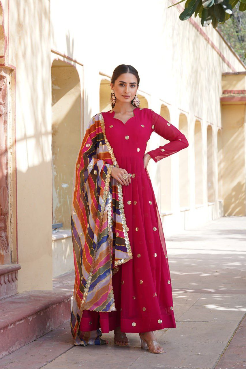 Dhumavati red georgette anarkali gown suit set