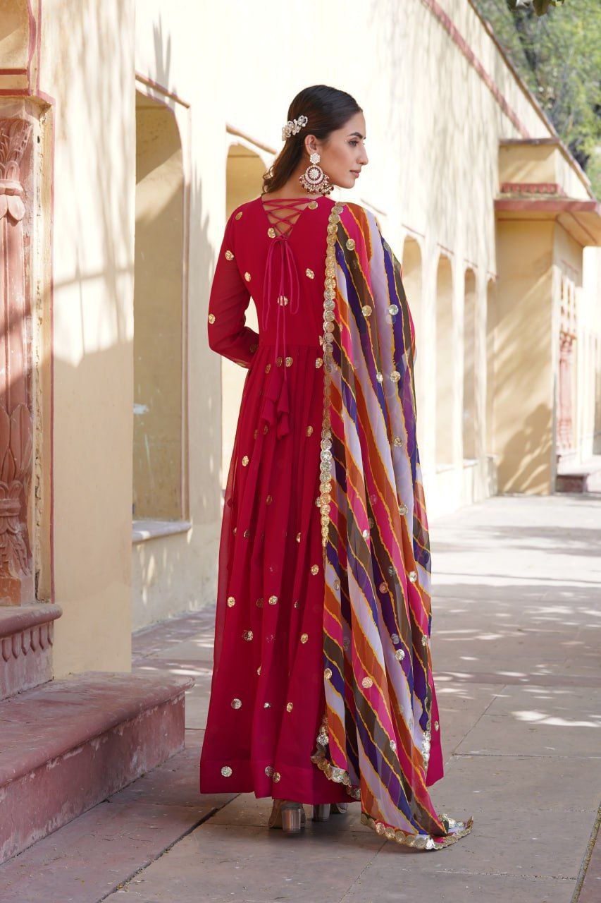 Dhumavati red georgette anarkali gown suit set
