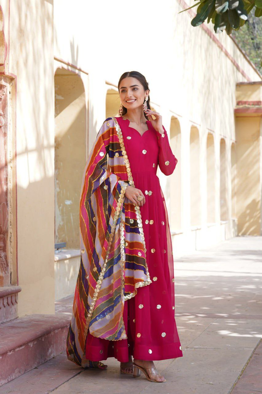 Dhumavati red georgette anarkali gown suit set