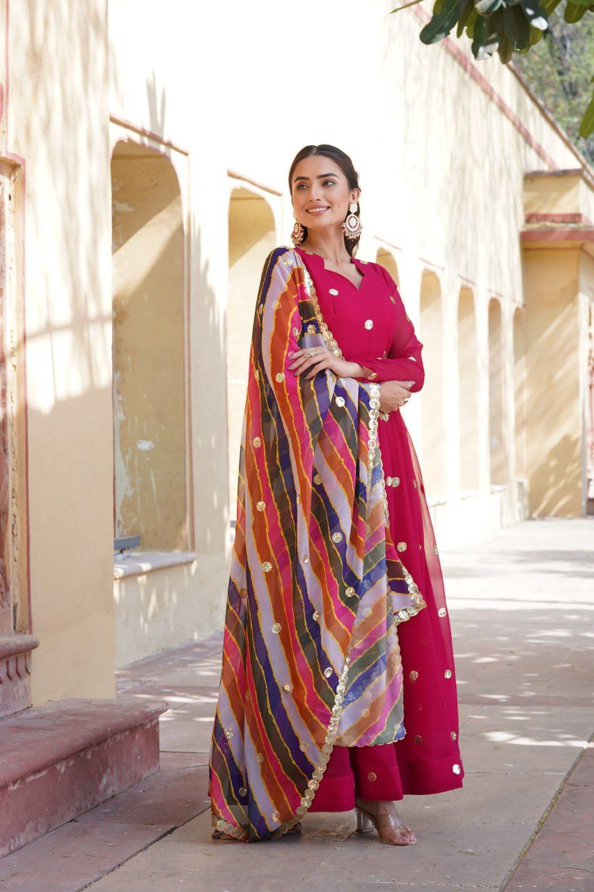 Dhumavati Red Georgette Anarkali Gown Suit Set