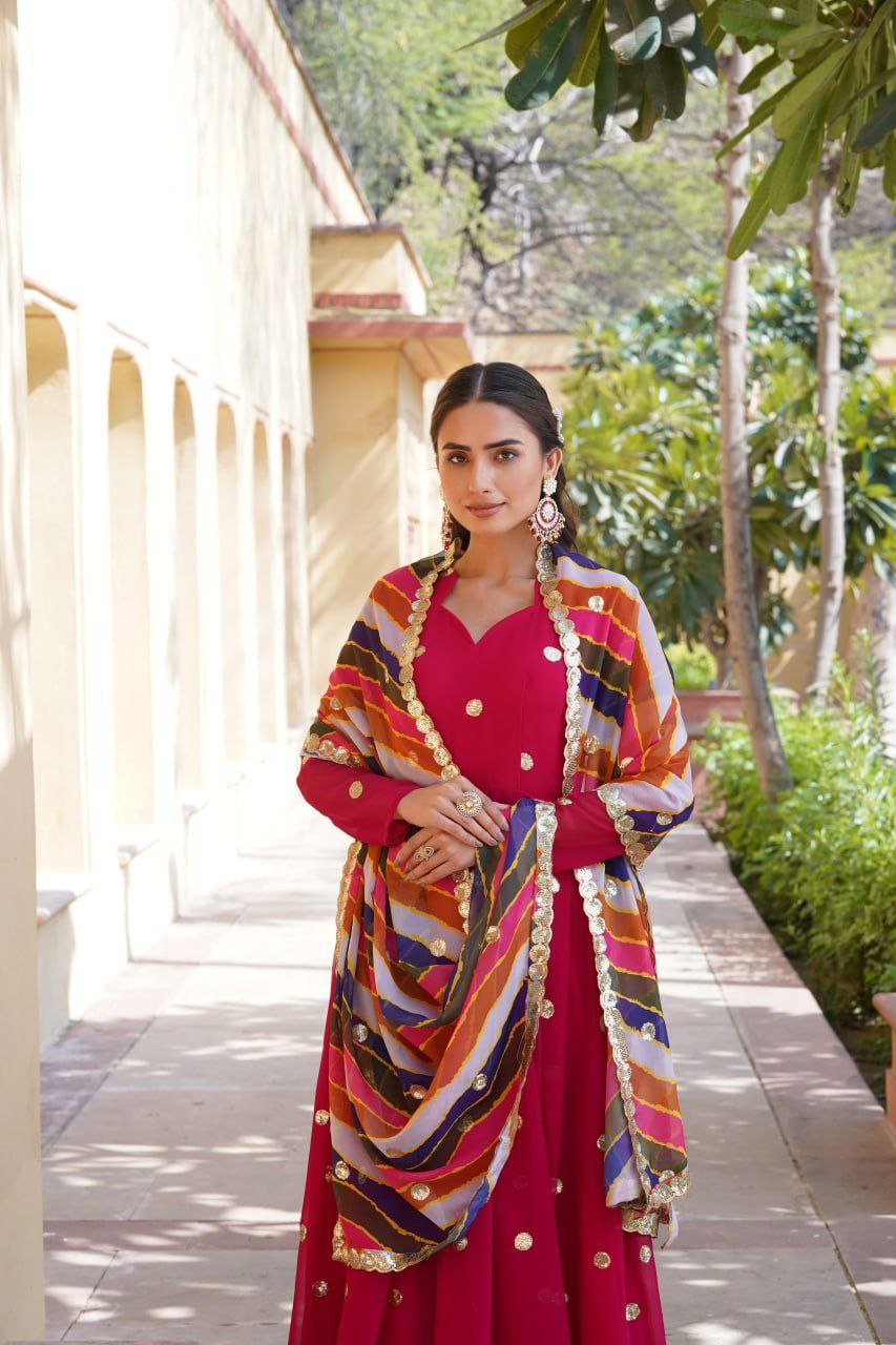 Dhumavati red georgette anarkali gown suit set