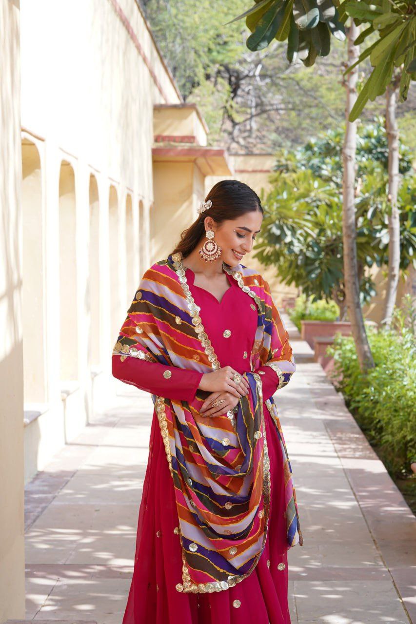 Dhumavati Red Georgette Anarkali Gown Suit Set