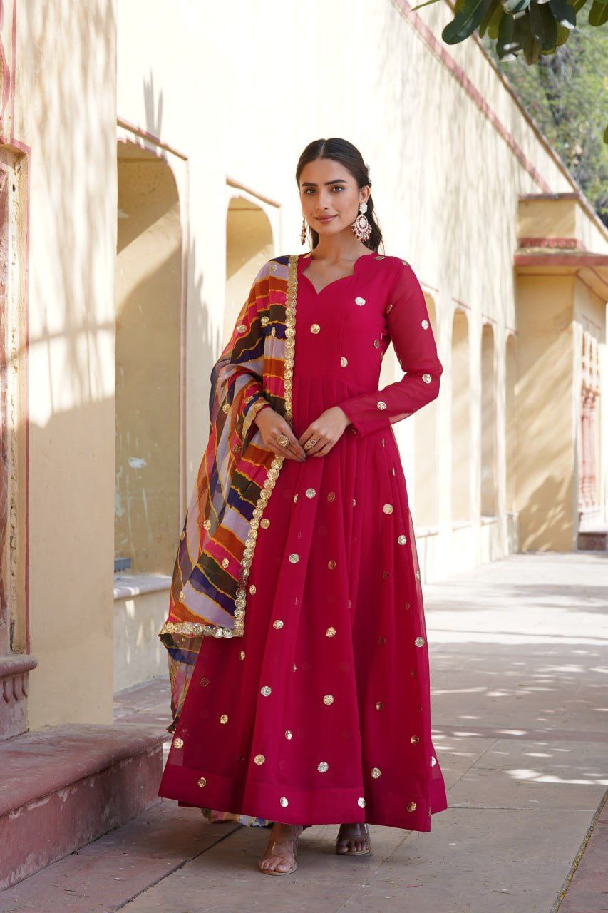 Dhumavati red georgette anarkali gown suit set