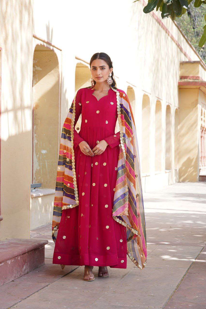 Dhumavati red georgette anarkali gown suit set