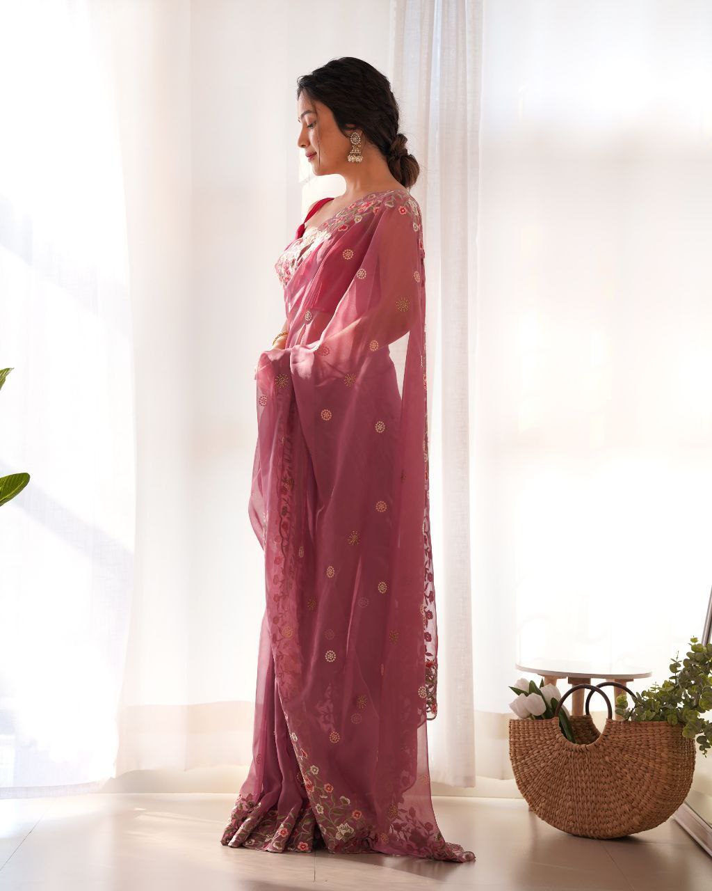 Floral Embroidered Elegance Thai Organza Silk Saree