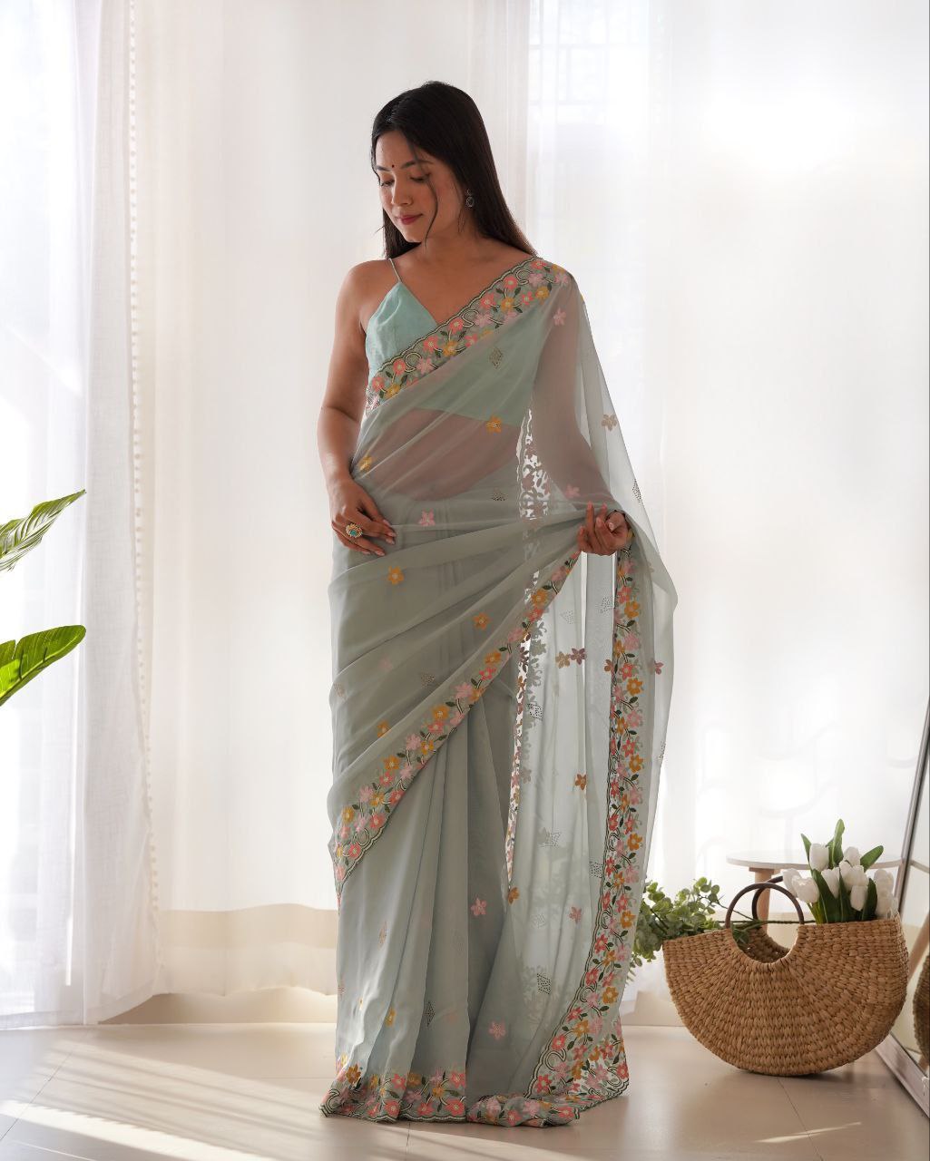 Floral Embroidered Elegance Thai Organza Silk Saree