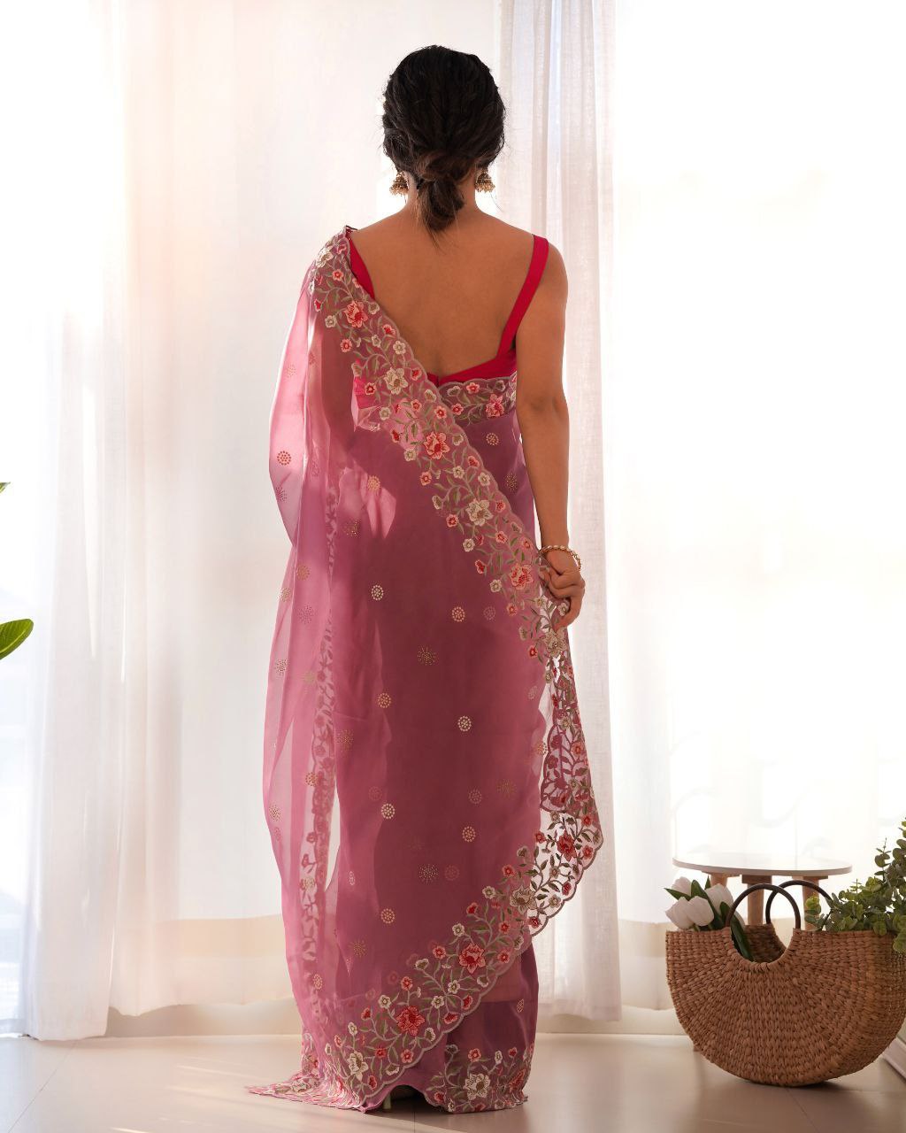 Floral Embroidered Elegance Thai Organza Silk Saree