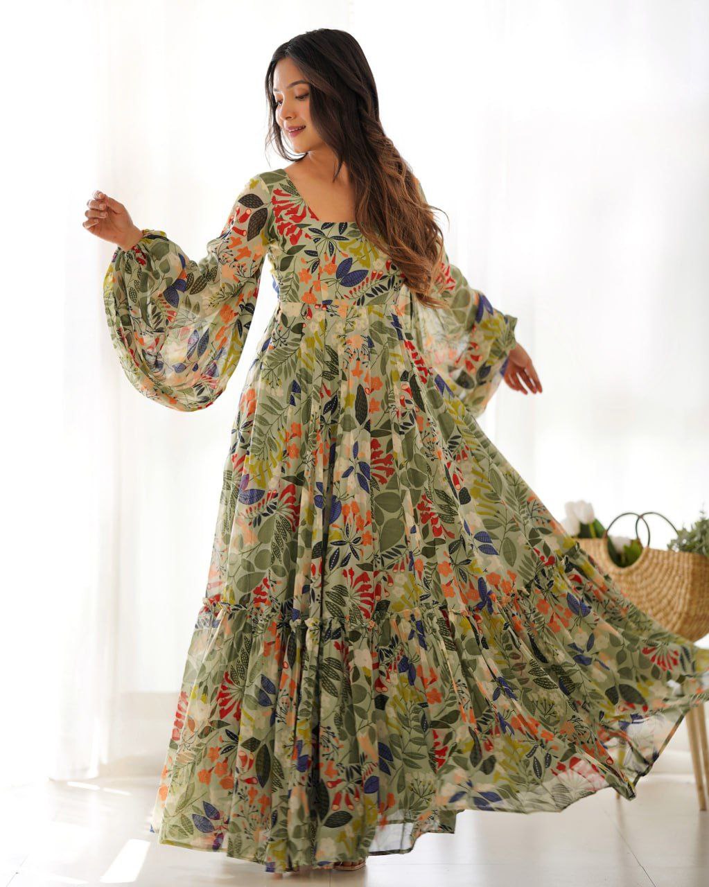 Floral fantasy faux georgette maxi dress