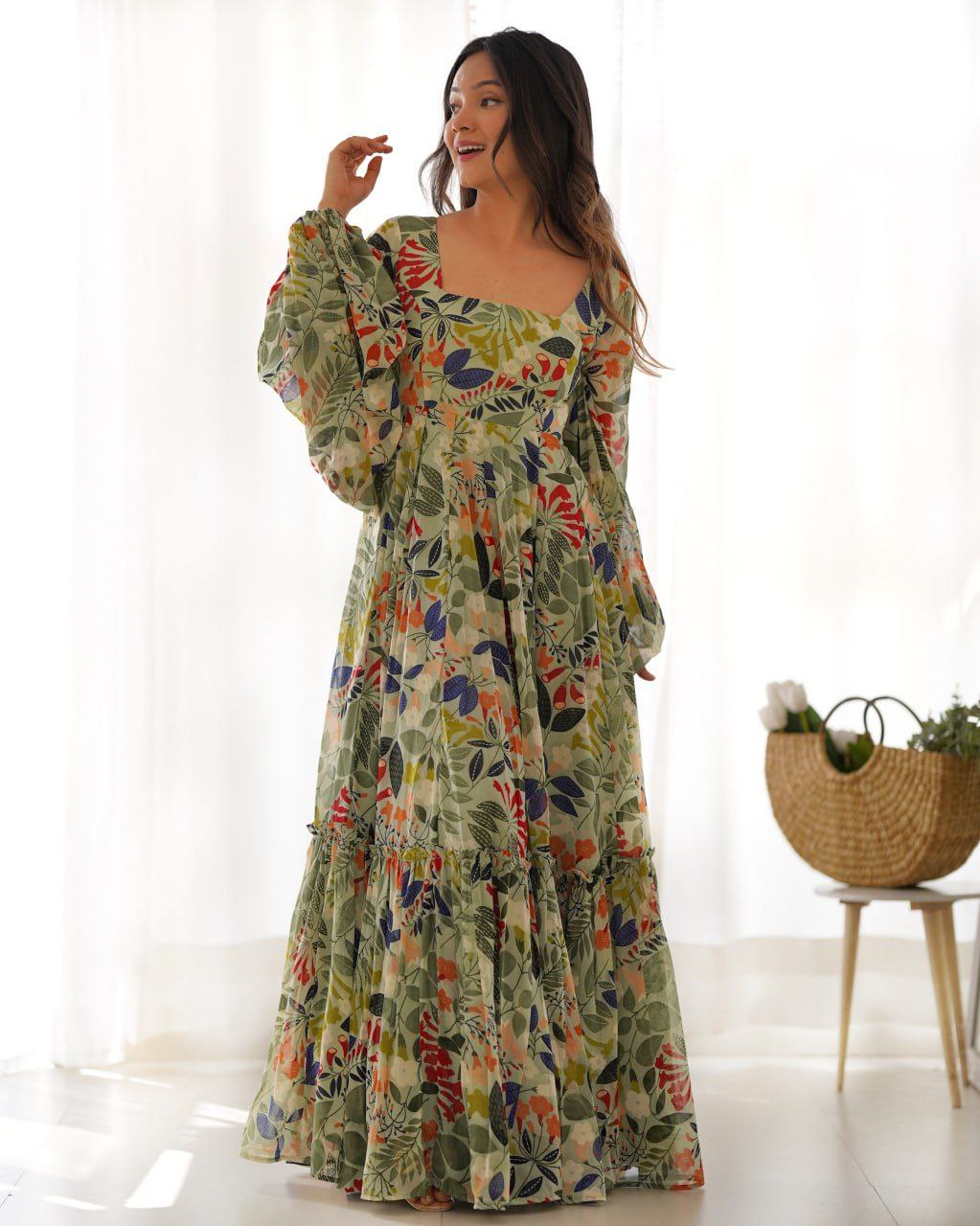 Floral fantasy faux georgette maxi dress