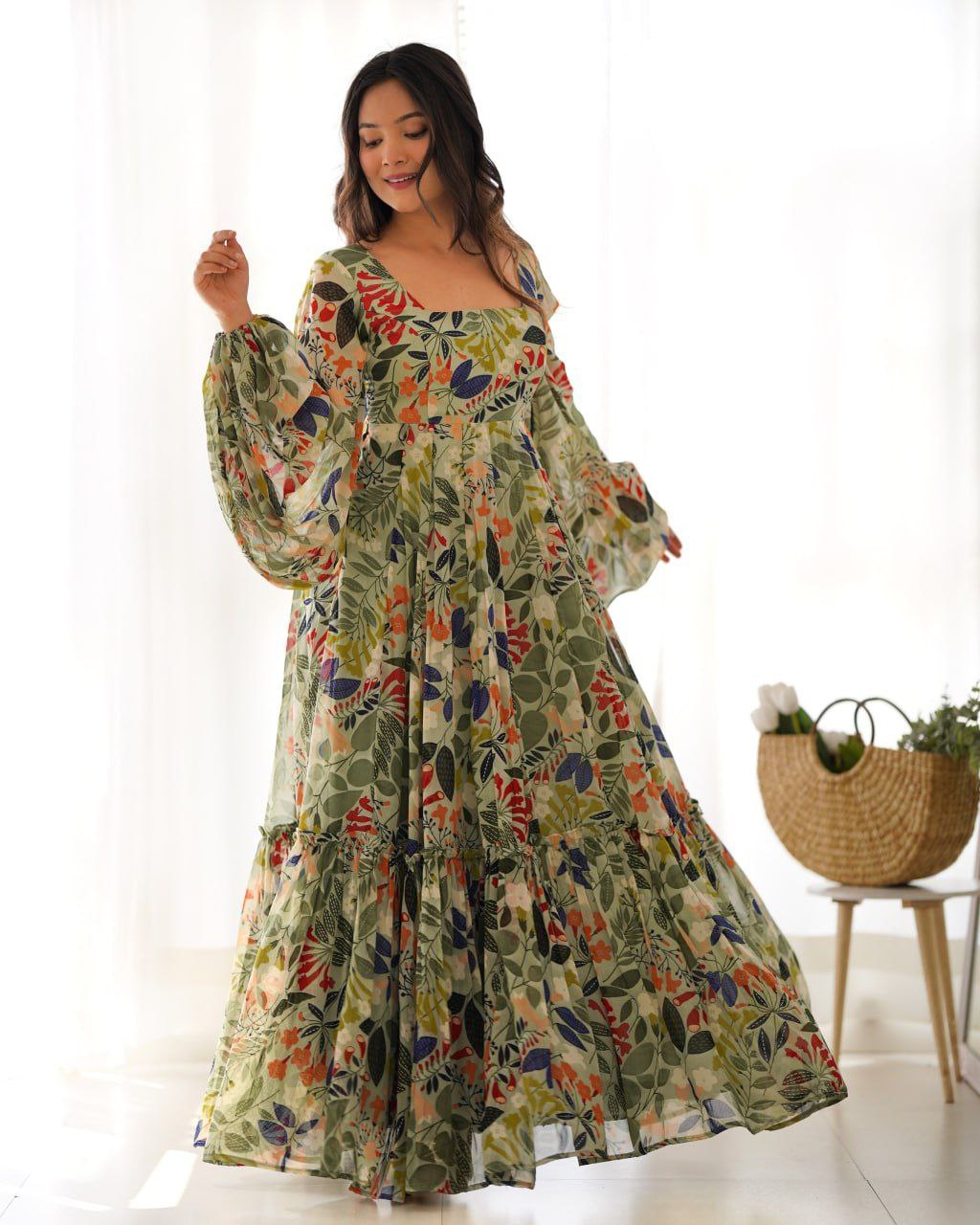 Floral fantasy faux georgette maxi dress