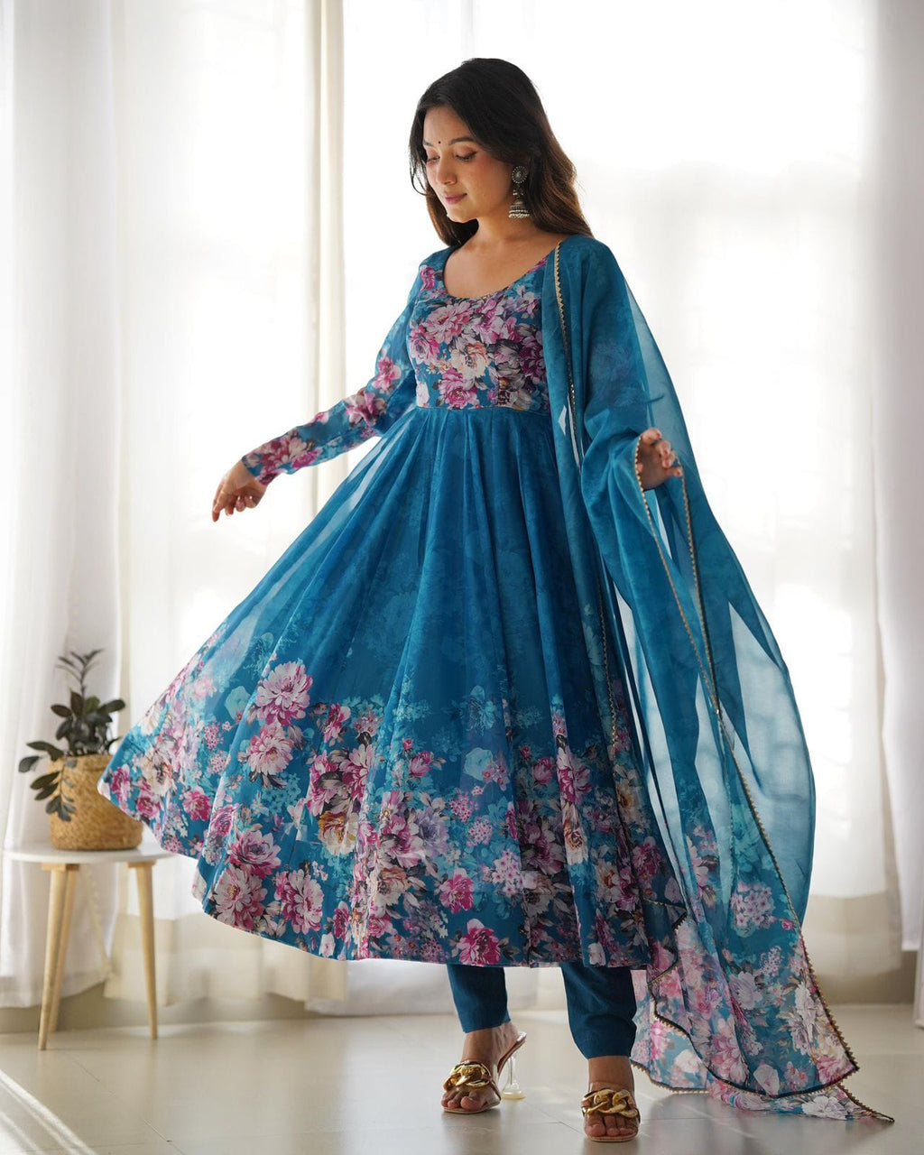 Handcrafted Floral Print on Royal Blue Organza Anarkali