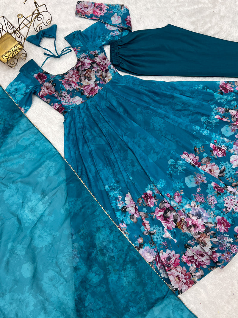 Handcrafted Floral Print on Royal Blue Organza Anarkali