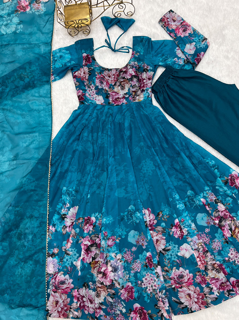 Handcrafted Floral Print on Royal Blue Organza Anarkali