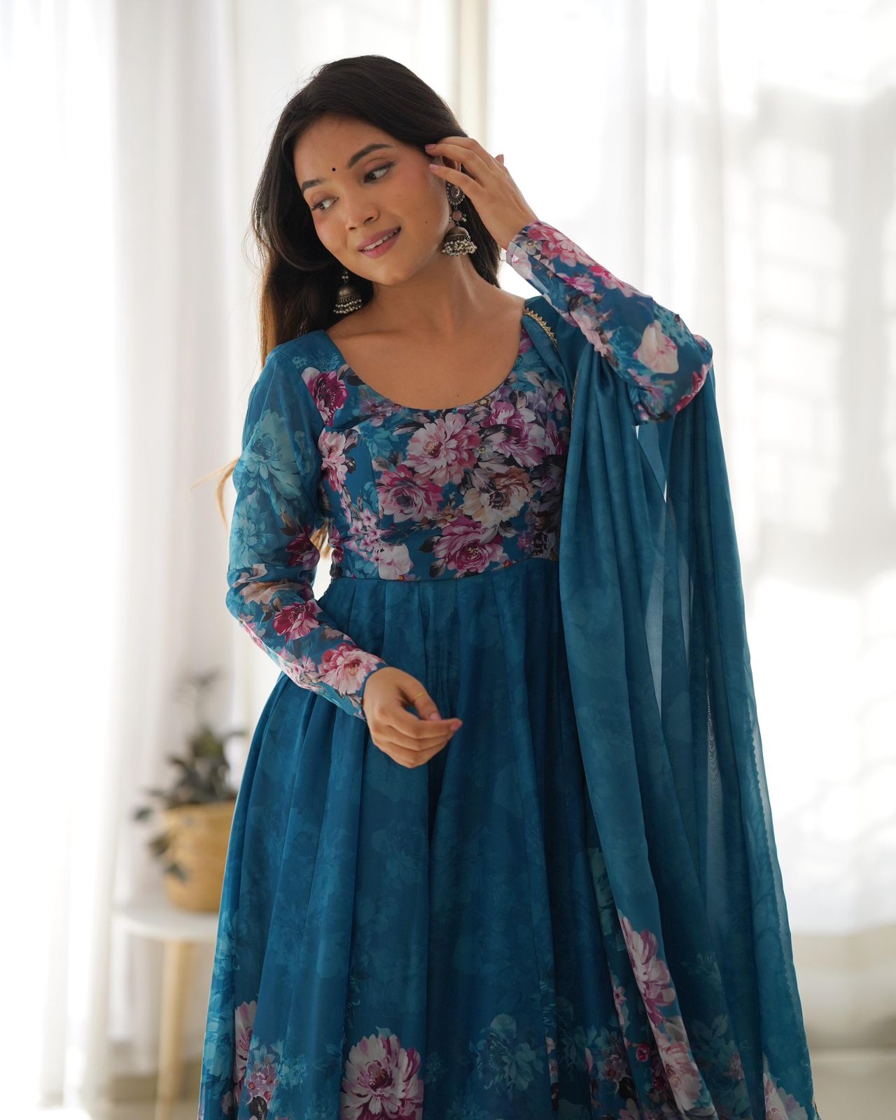 Handcrafted Floral Print on Royal Blue Organza Anarkali