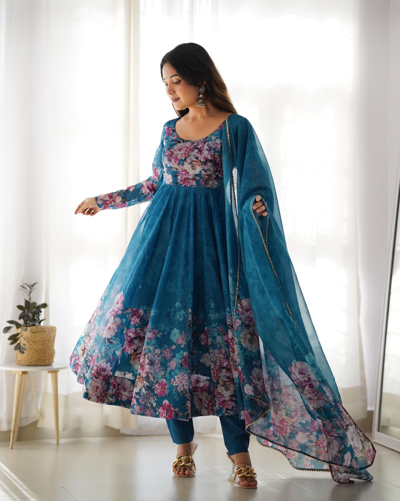 Handcrafted Floral Print on Royal Blue Organza Anarkali