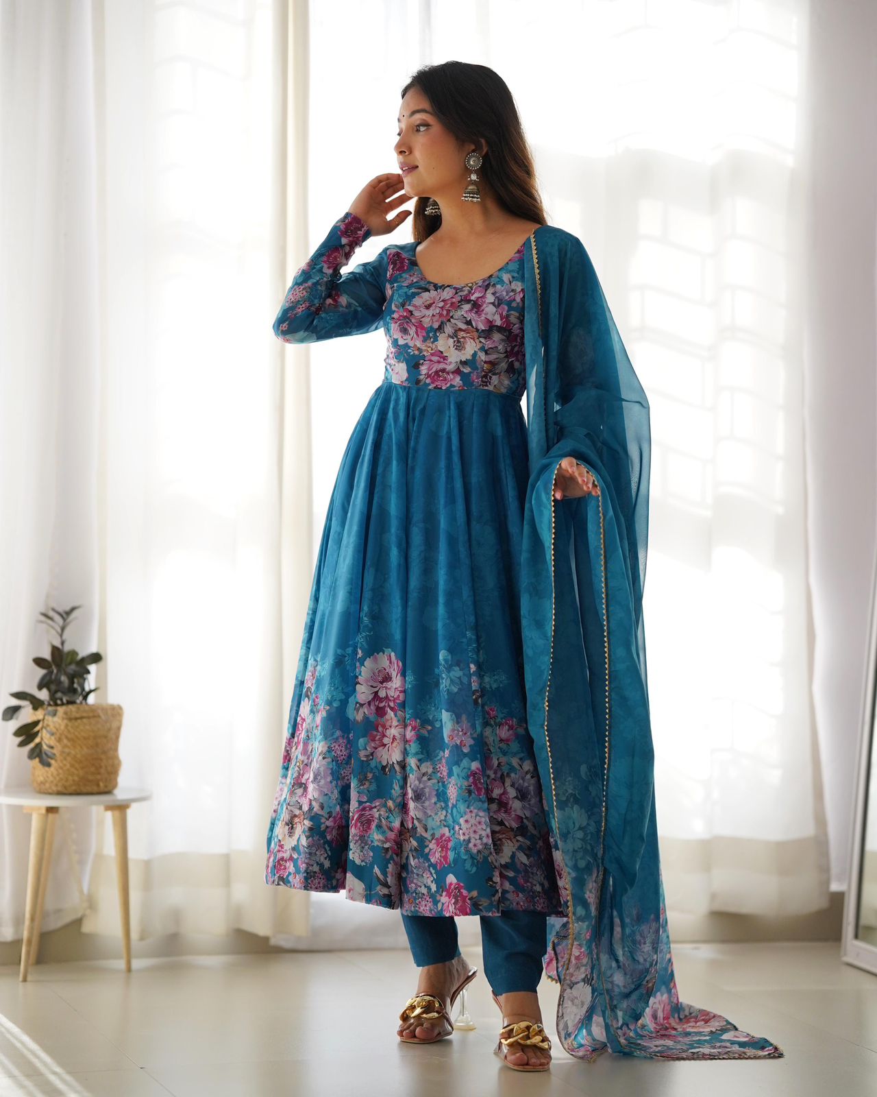 Handcrafted Floral Print on Royal Blue Organza Anarkali