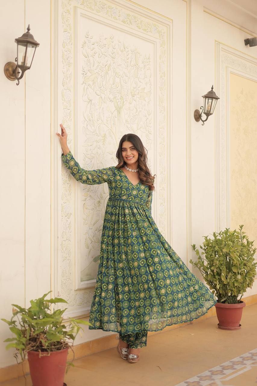 Rani colored foil print anarkali set with elastic waist bottoms