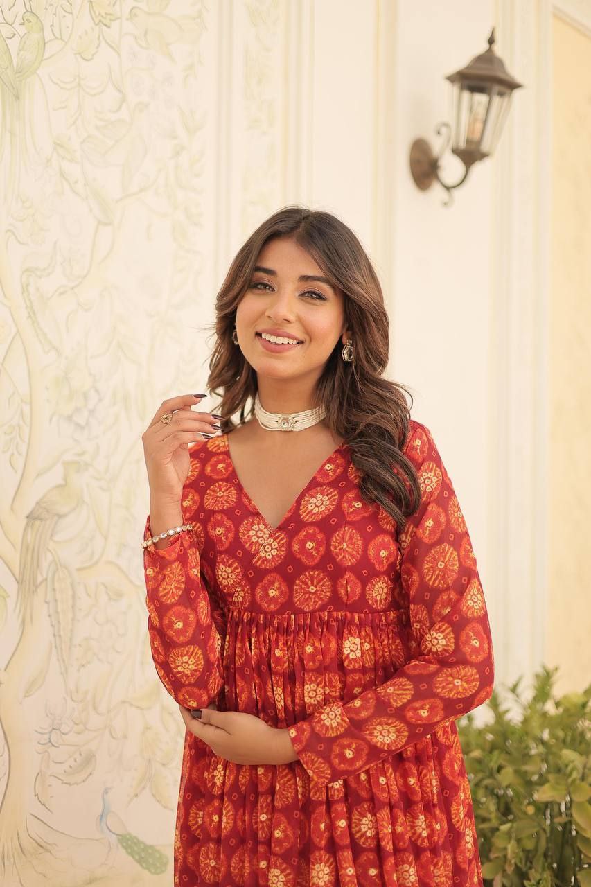 Rama colored foil print anarkali set with elastic waist bottoms

