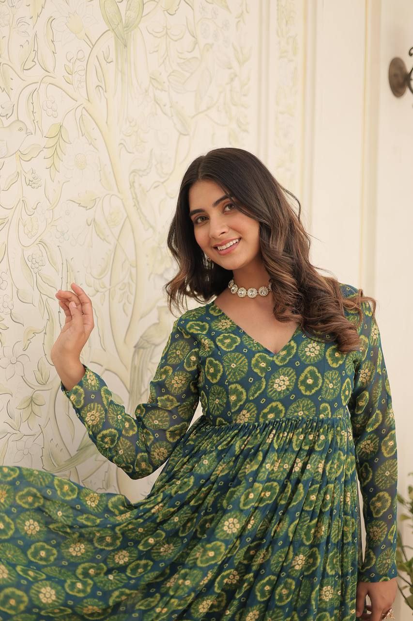 Rani colored foil print anarkali set with elastic waist bottoms