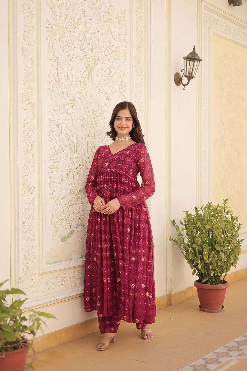 Red colored foil print anarkali set with elastic waist bottoms