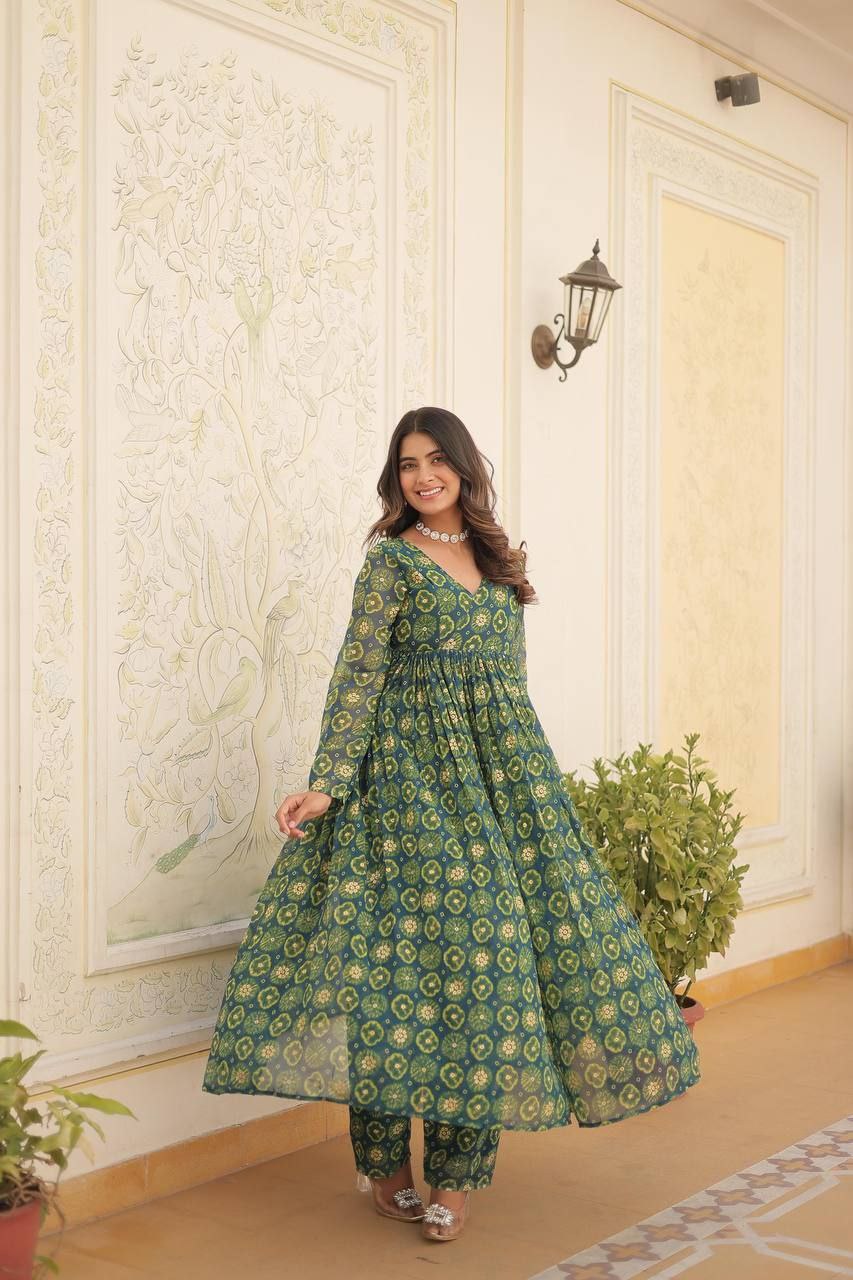 Rani colored foil print anarkali set with elastic waist bottoms