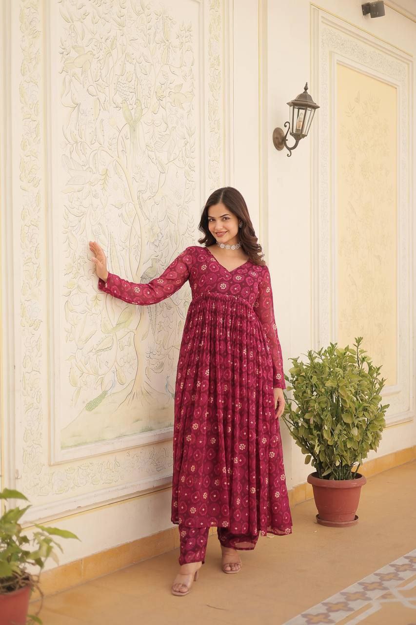 Red colored foil print anarkali set with elastic waist bottoms