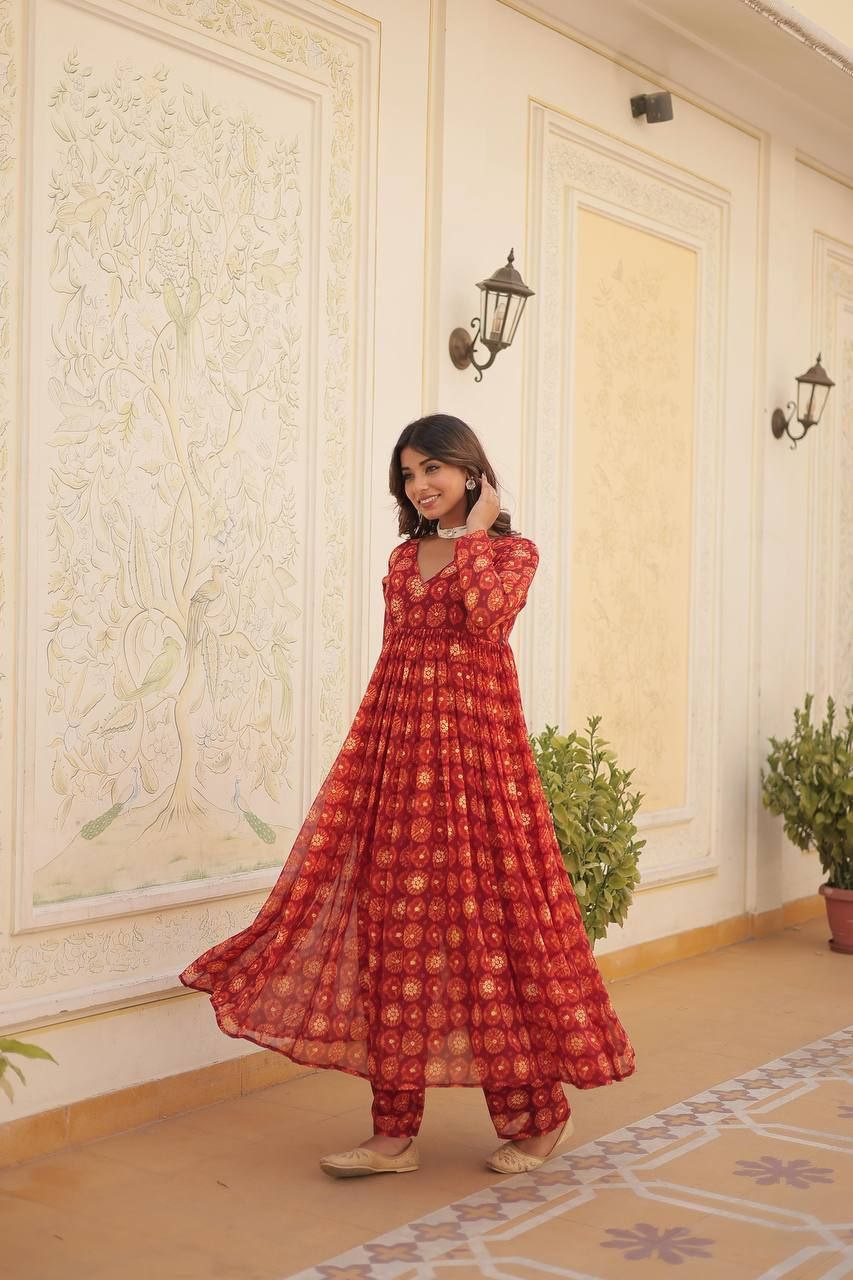 Rama colored foil print anarkali set with elastic waist bottoms

