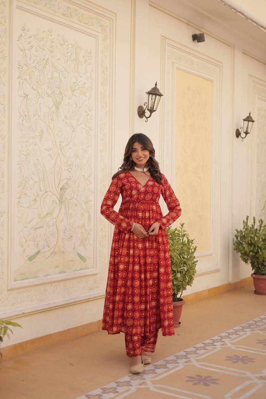 Rama colored foil print anarkali set with elastic waist bottoms

