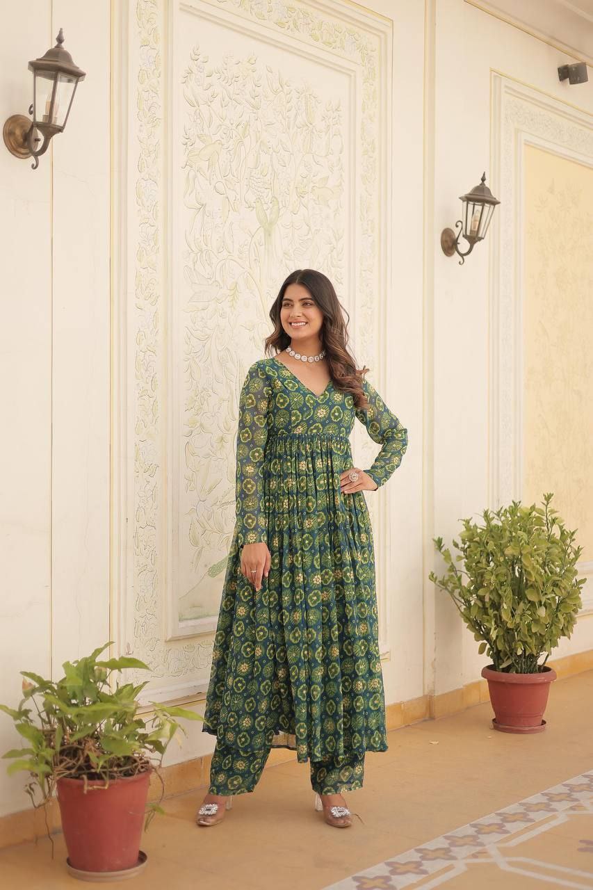 Rani colored foil print anarkali set with elastic waist bottoms