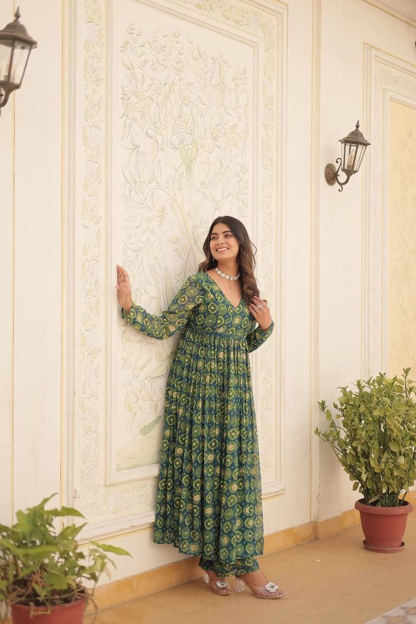 Rani colored foil print anarkali set with elastic waist bottoms