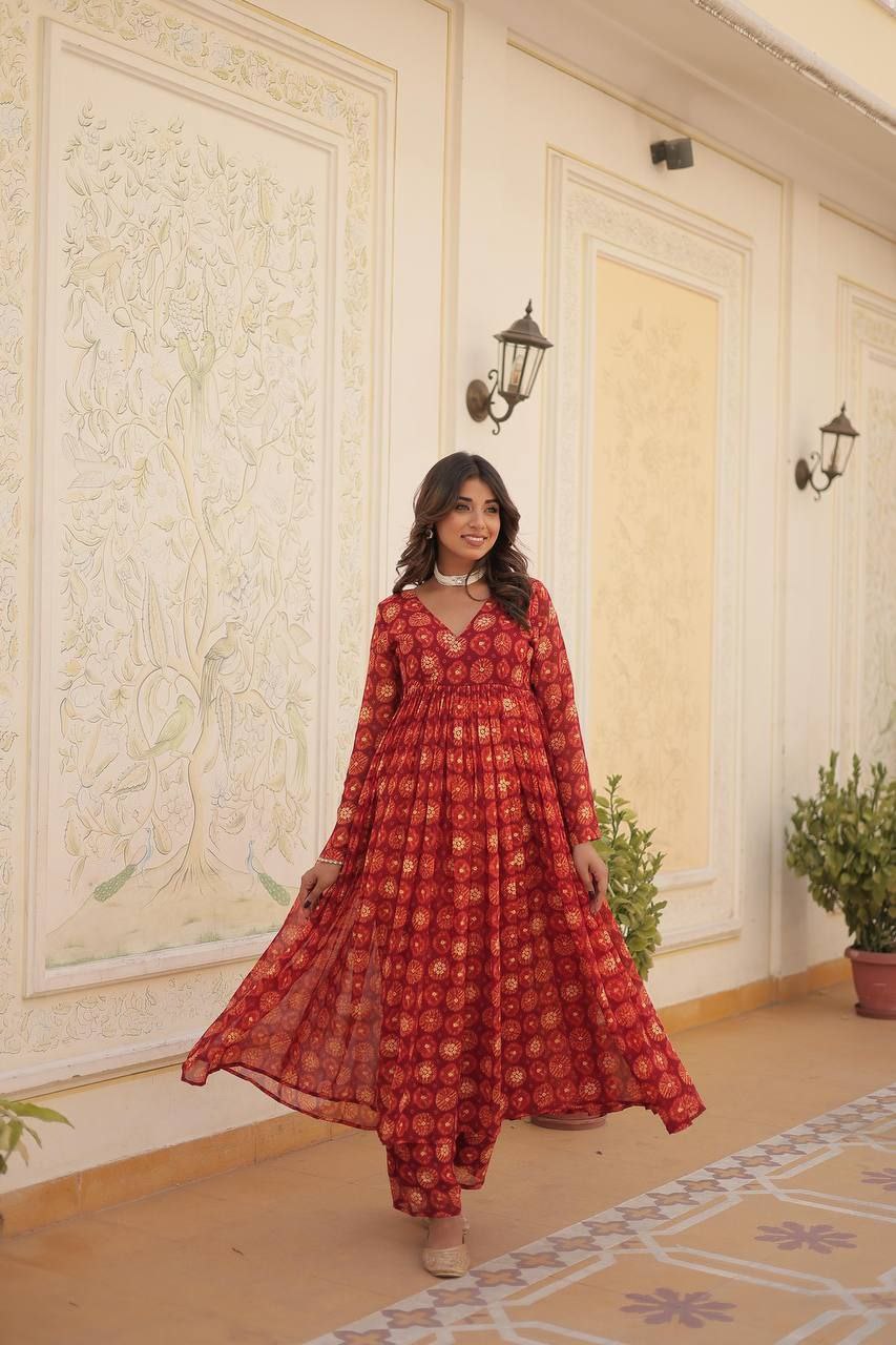 Rama colored foil print anarkali set with elastic waist bottoms

