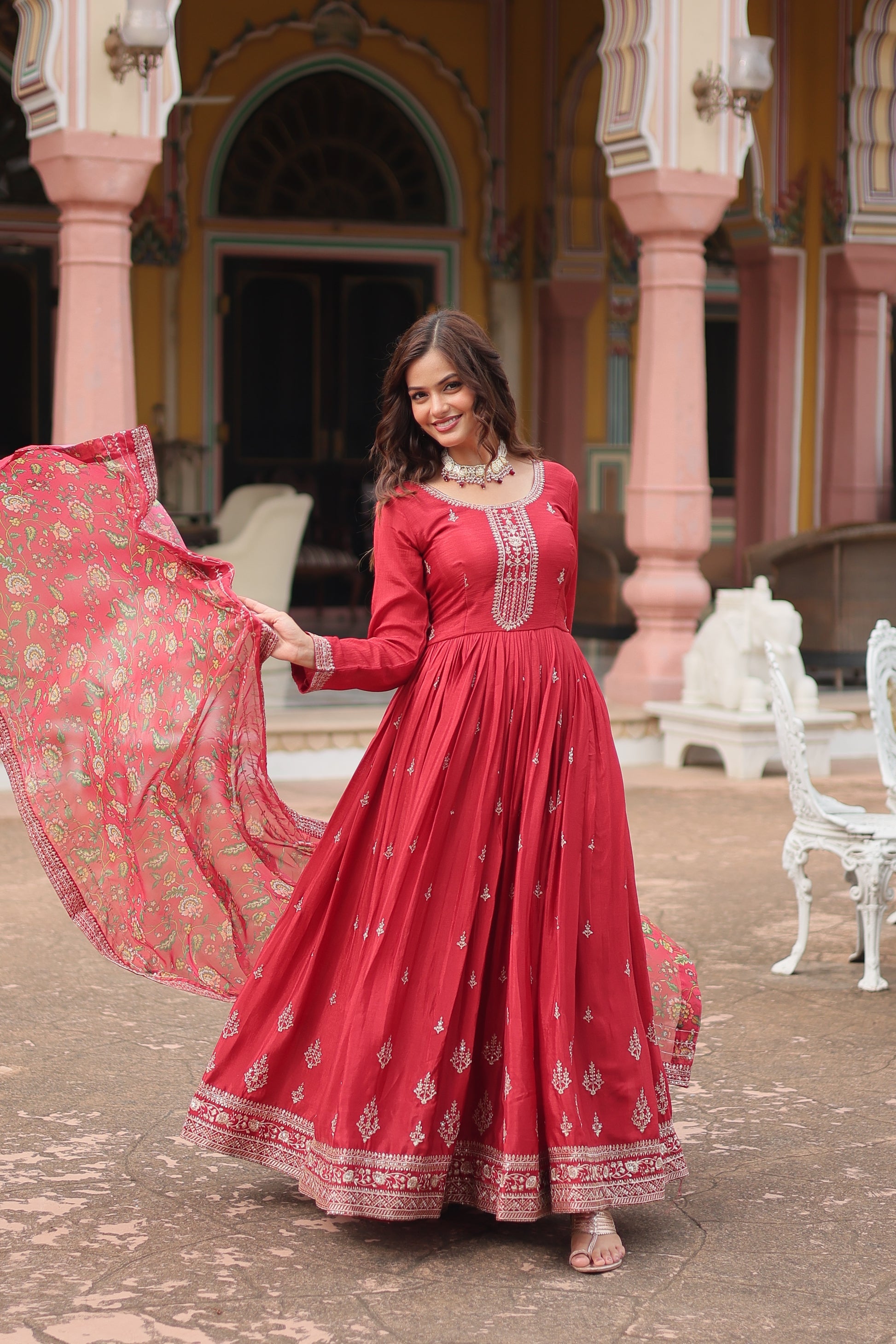 Gaurangi maroon chinon embroidered Anarkali gown set