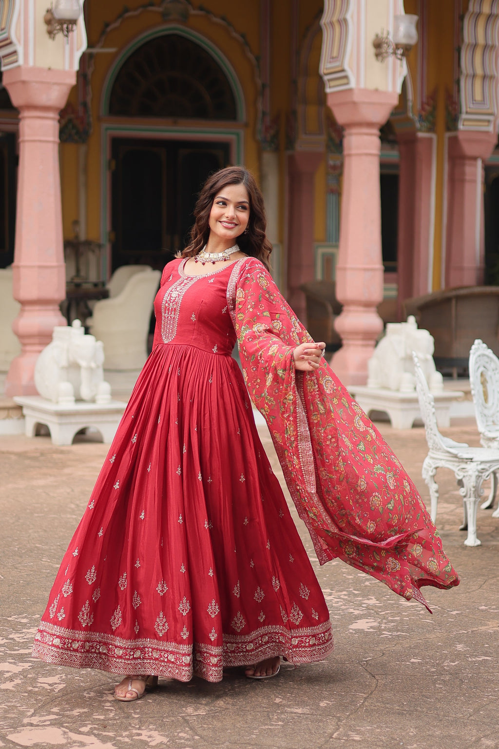 Gaurangi maroon chinon embroidered Anarkali gown set