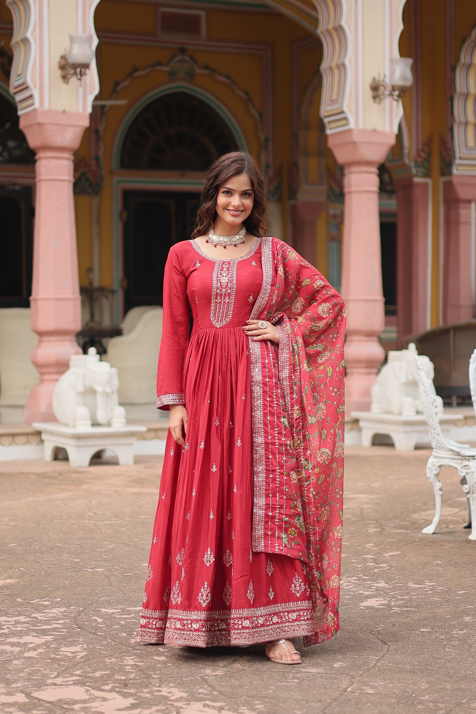 Gaurangi maroon chinon embroidered Anarkali gown set