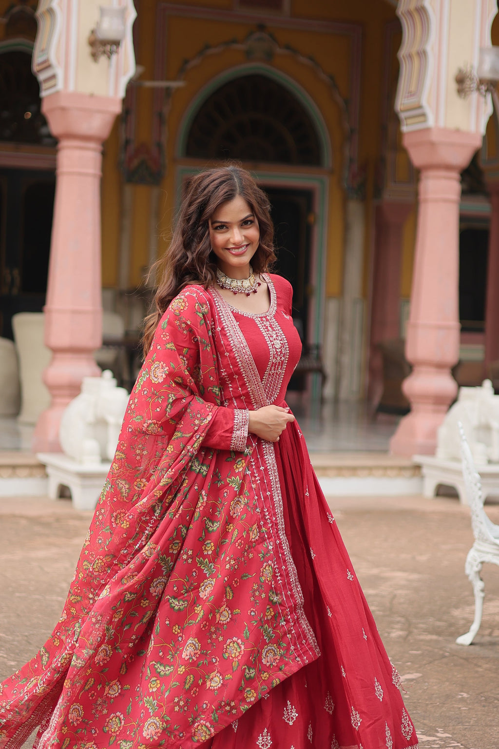 Gaurangi maroon chinon embroidered Anarkali gown set