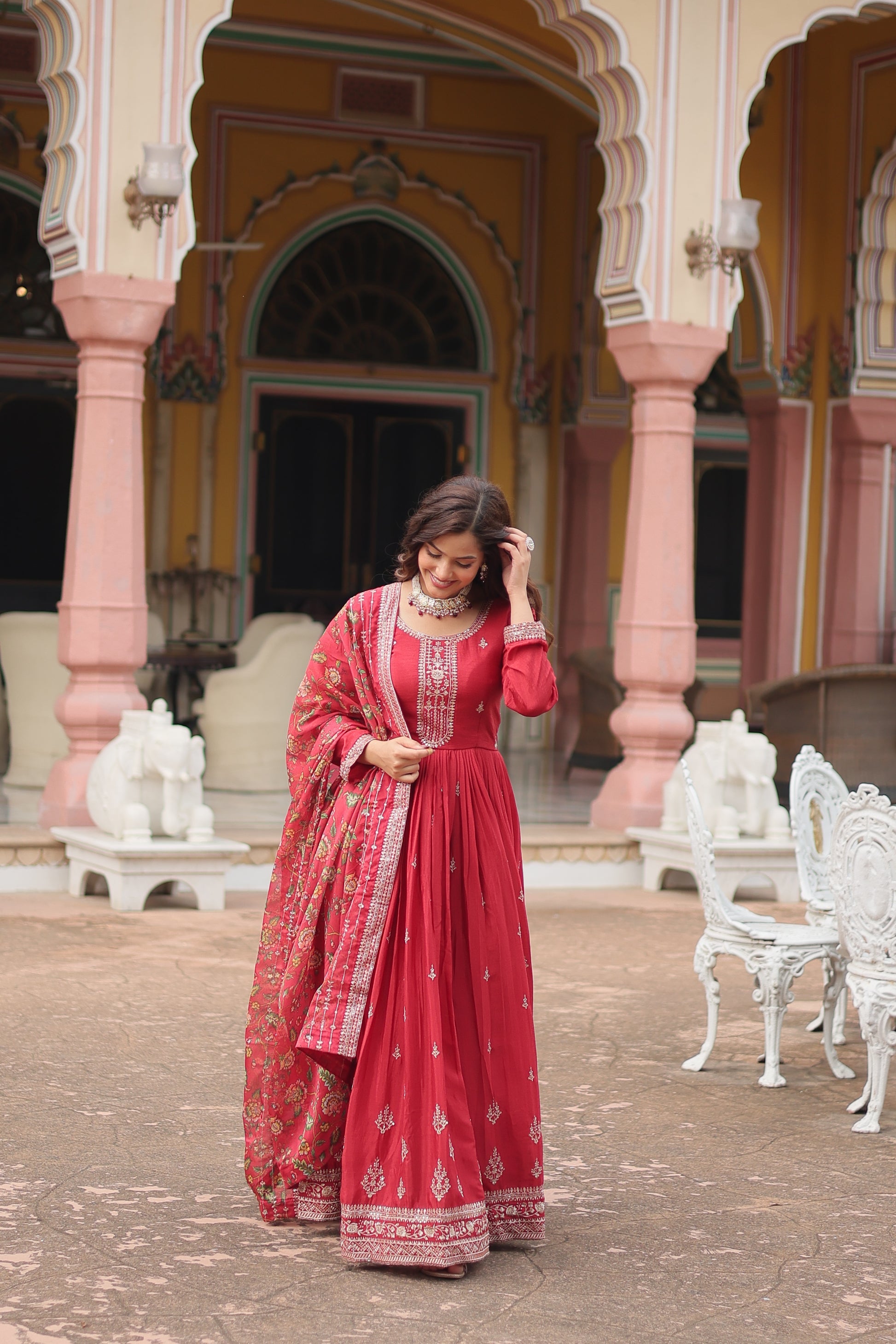 Gaurangi maroon chinon embroidered Anarkali gown set