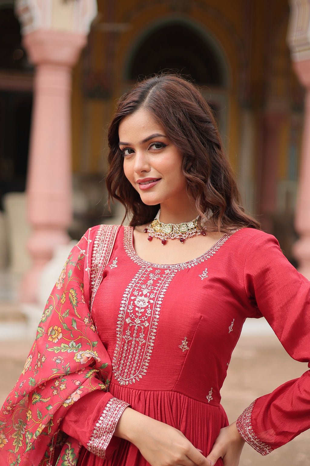 Gaurangi maroon chinon embroidered Anarkali gown set