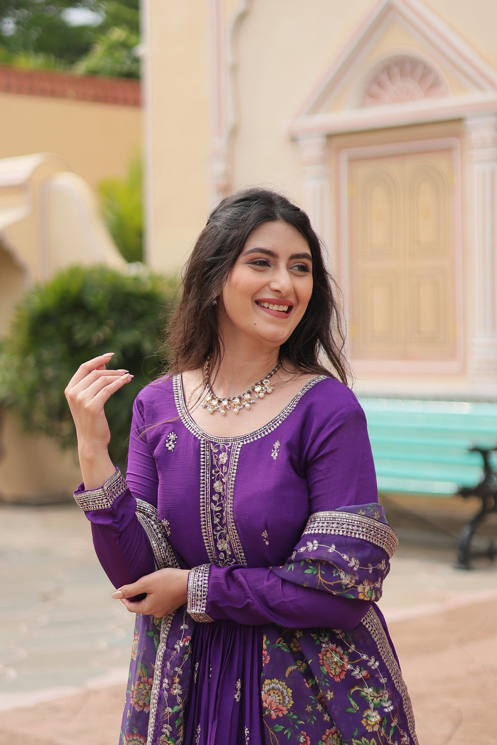 Purple chinon embroidered Gaurangi designer Anarkali gown