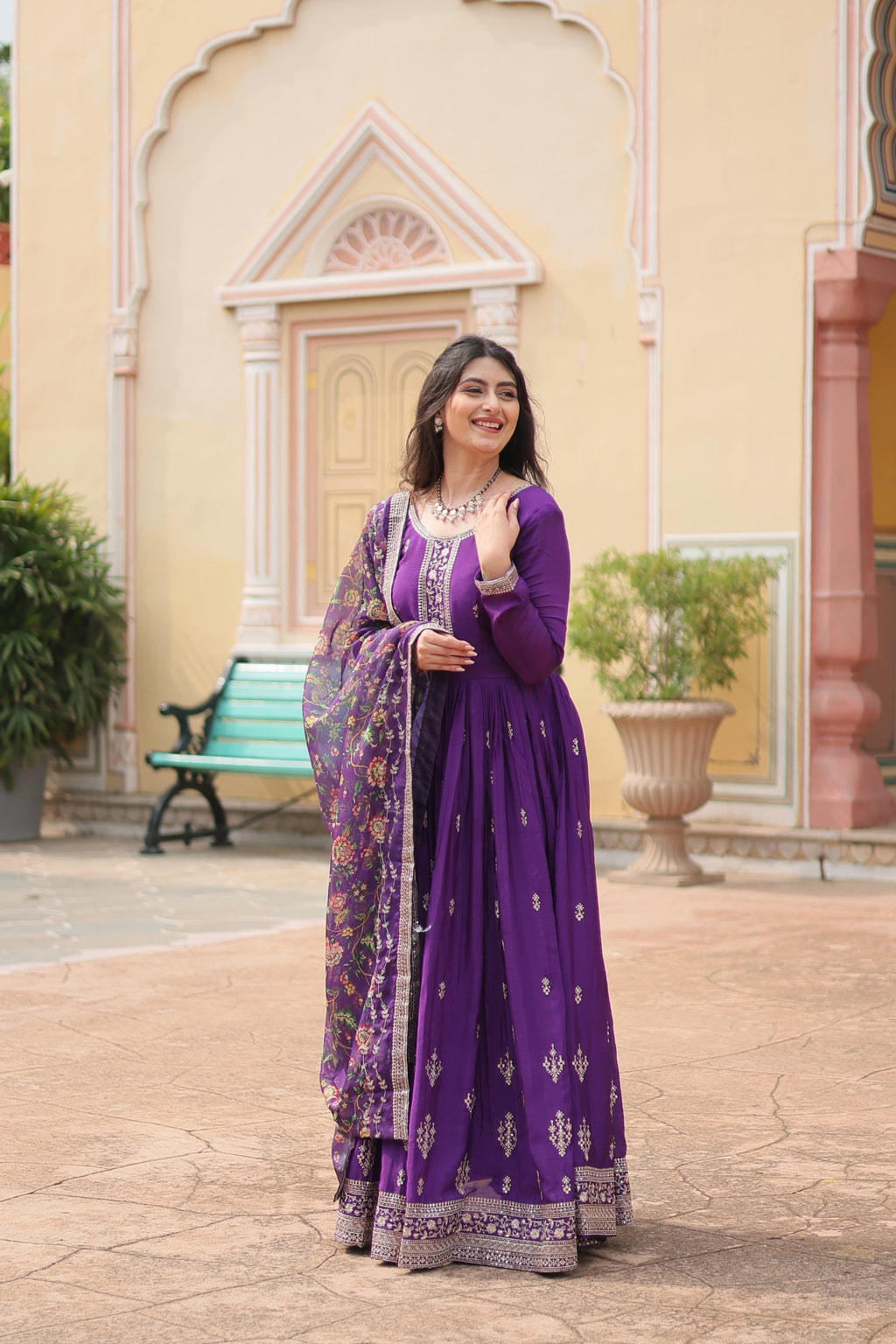 Purple chinon embroidered Gaurangi designer Anarkali gown
