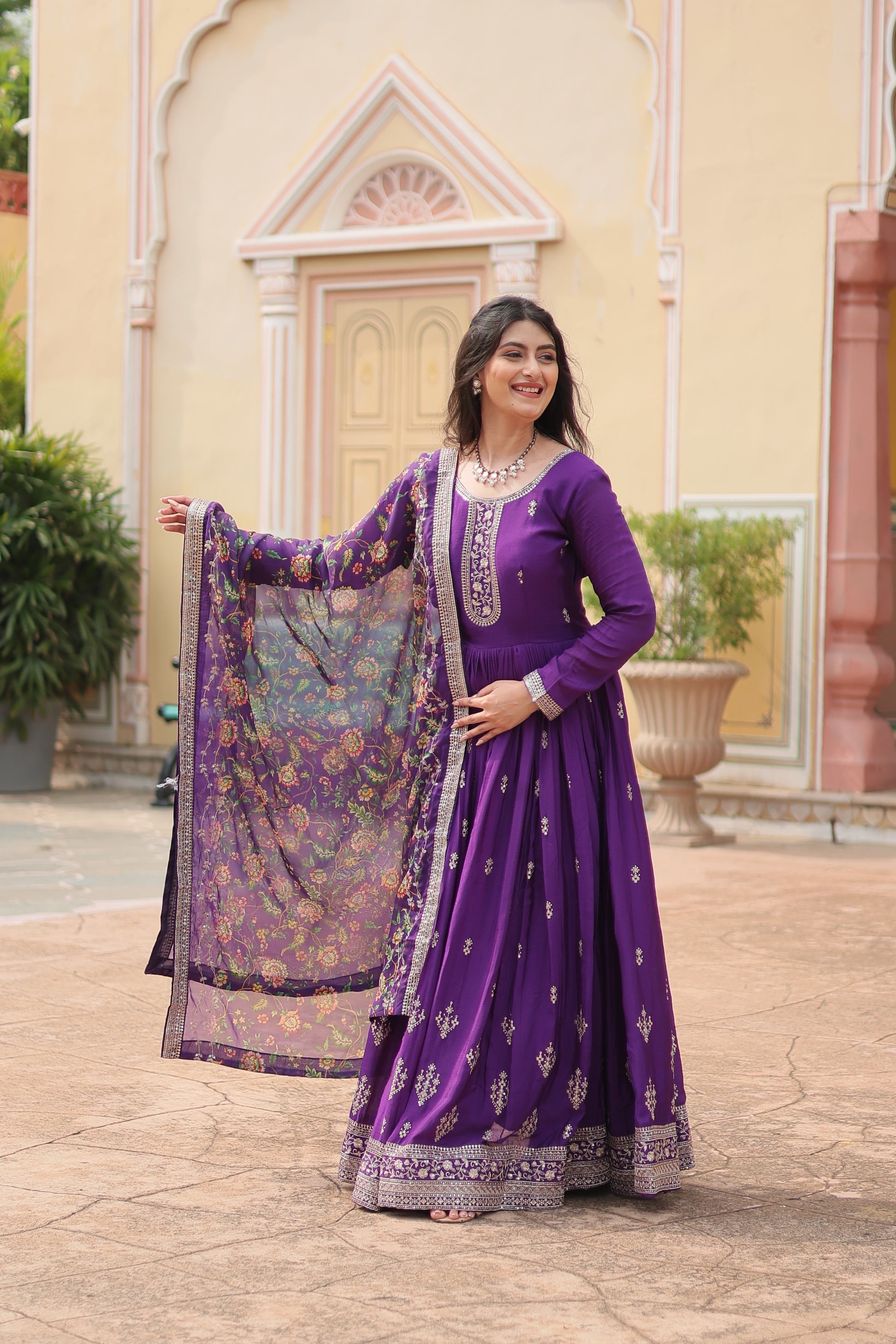 Purple chinon embroidered Gaurangi designer Anarkali gown