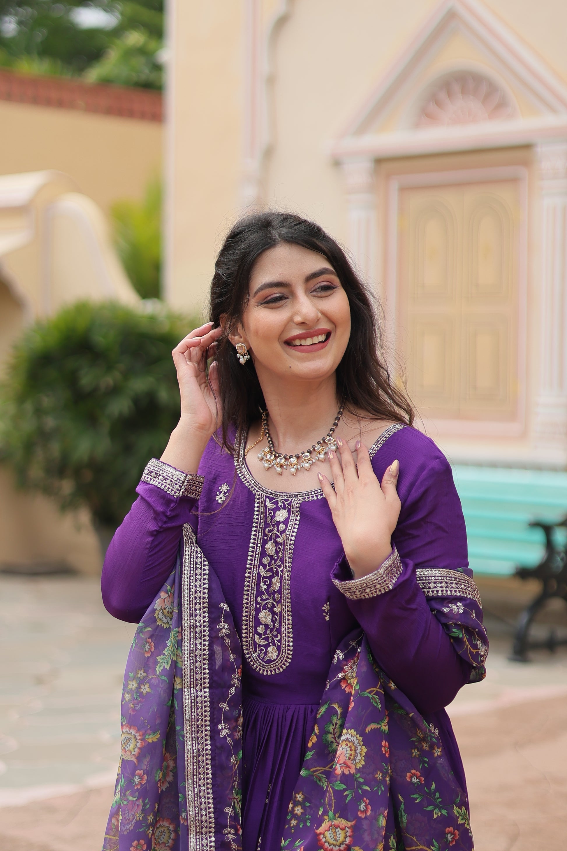 Purple chinon embroidered Gaurangi designer Anarkali gown