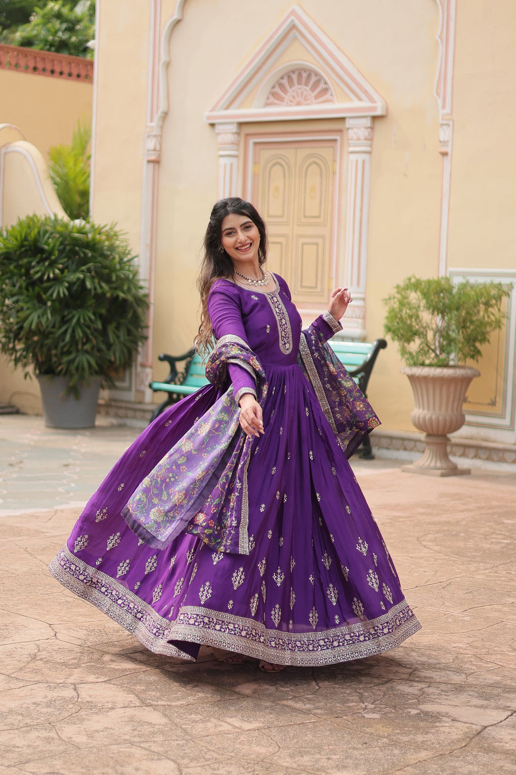 Purple chinon embroidered Gaurangi designer Anarkali gown