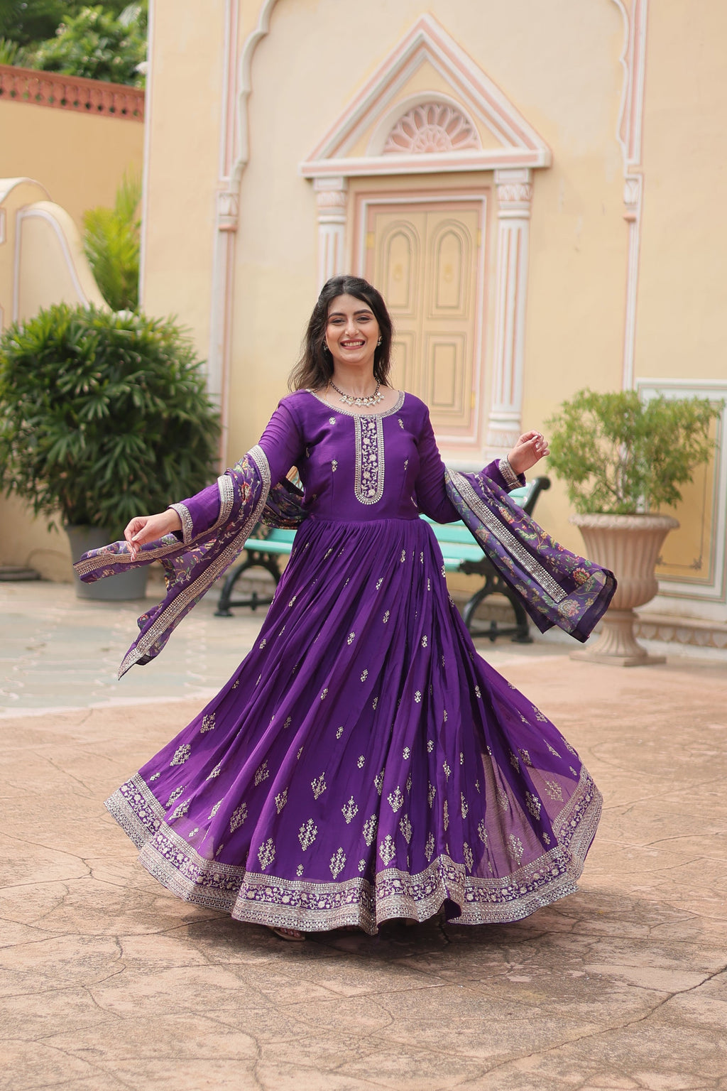 Purple chinon embroidered Gaurangi designer Anarkali gown