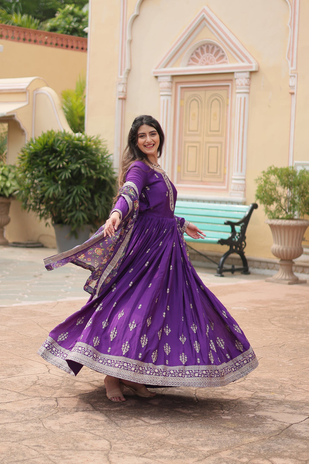 Purple chinon embroidered Gaurangi designer Anarkali gown